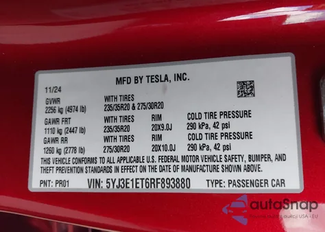 2024 Tesla Model 3 Performance All-Wheel Drive из США, поврежденный, VIN 5YJ3E1ET6RF893880